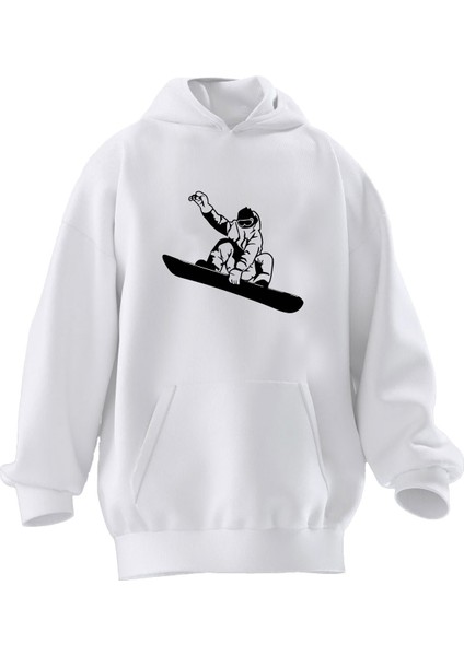 Unisex Premium Pamuk Beyaz Snowboard Adam Kıyafet Baskılı 3 Iplik Kapüşonlu Sweatshirt