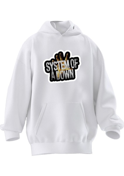 Unisex Premium Pamuk Beyaz System Down Baskılı 3 Iplik Kapüşonlu Sweatshirt
