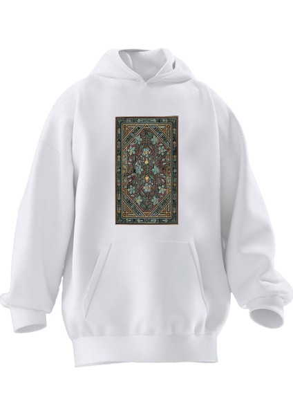 Unisex Premium Pamuk Beyaz Yeşil Halı Deseni Baskılı 3 Iplik Kapüşonlu Sweatshirt