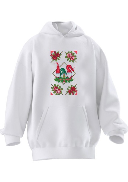 Unisex Premium Pamuk Beyaz Yılbaşı Motif Baskılı 3 Iplik Kapüşonlu Sweatshirt