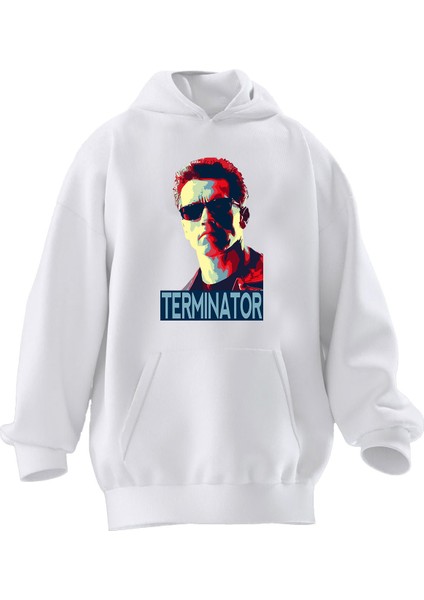 Unisex Premium Pamuk Beyaz Terminatör Silik Çizim Baskılı 3 Iplik Kapüşonlu Sweatshirt