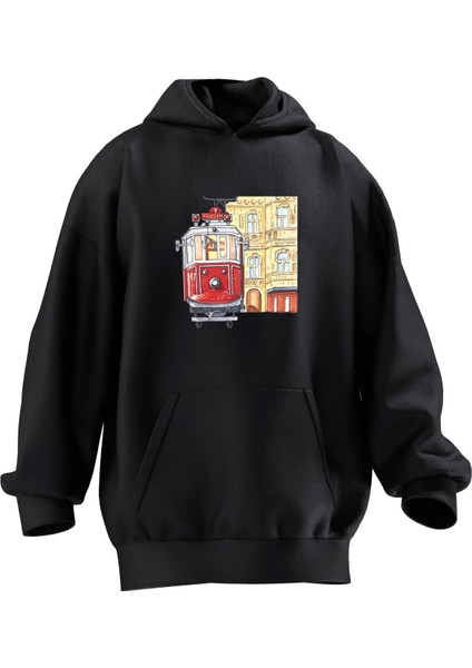Unisex Premium Pamuk Siyah Nostalji Tramvay Baskılı 3 Iplik Kapüşonlu Sweatshirt