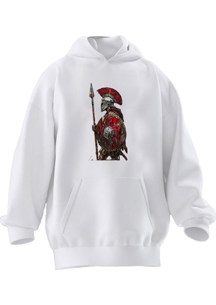Unisex Premium Pamuk Beyaz Spartaa Baskılı 3 Iplik Kapüşonlu Sweatshirt