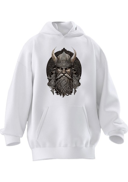 Unisex Premium Pamuk Beyaz Vikings Poster Baskılı 3 Iplik Kapüşonlu Sweatshirt