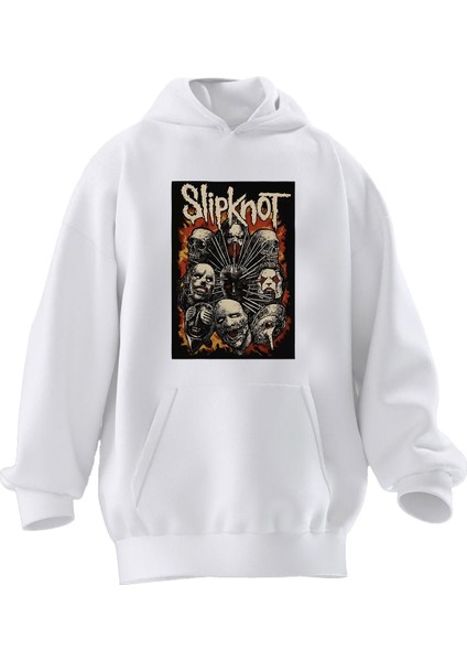 Unisex Premium Pamuk Beyaz Slipknot Zombie Poster Baskılı 3 Iplik Kapüşonlu Sweatshirt