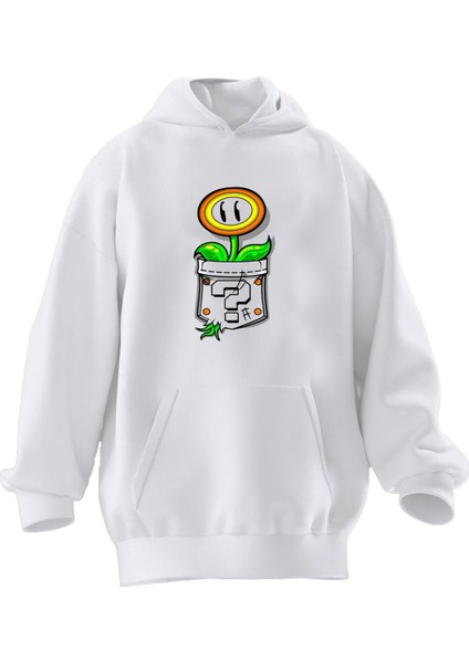 Unisex Premium Pamuk Beyaz Süper Mario Çiçek Baskılı 3 Iplik Kapüşonlu Sweatshirt