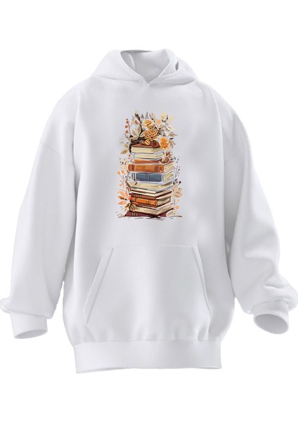 Unisex Premium Pamuk Beyaz Kitap Düzinesi Baskılı 3 Iplik Kapüşonlu Sweatshirt