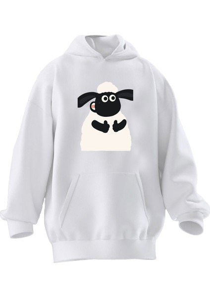 Unisex Premium Pamuk Beyaz Kuzu Desen Çizgi Baskılı 3 Iplik Kapüşonlu Sweatshirt