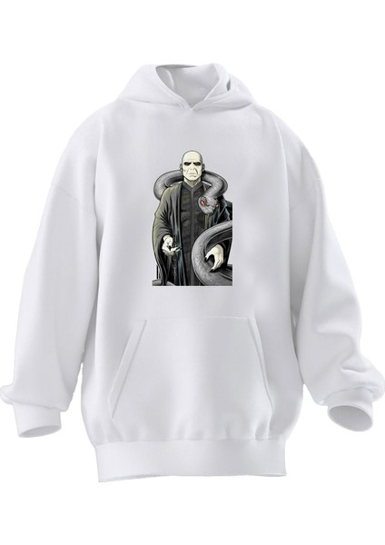 Unisex Premium Pamuk Beyaz Yılanlı Kahraman Baskılı 3 Iplik Kapüşonlu Sweatshirt