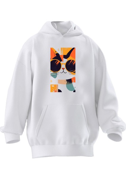 Unisex Premium Pamuk Beyaz Renkli Kedi Baskılı 3 Iplik Kapüşonlu Sweatshirt