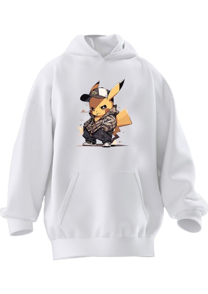 Unisex Premium Pamuk Beyaz Pikachu Şapka Baskılı 3 Iplik Kapüşonlu Sweatshirt