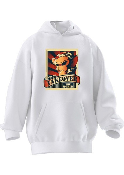 Unisex Premium Pamuk Beyaz Takeover Maymun Baskılı 3 Iplik Kapüşonlu Sweatshirt