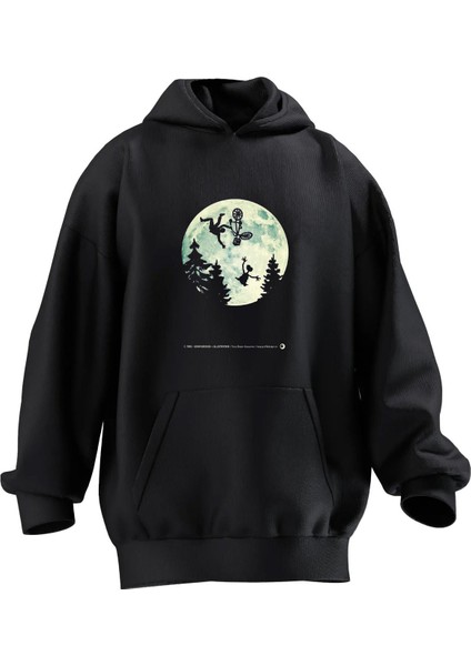 Unisex Premium Pamuk Siyah Bisiklet Dolunay Baskılı 3 Iplik Kapüşonlu Sweatshirt