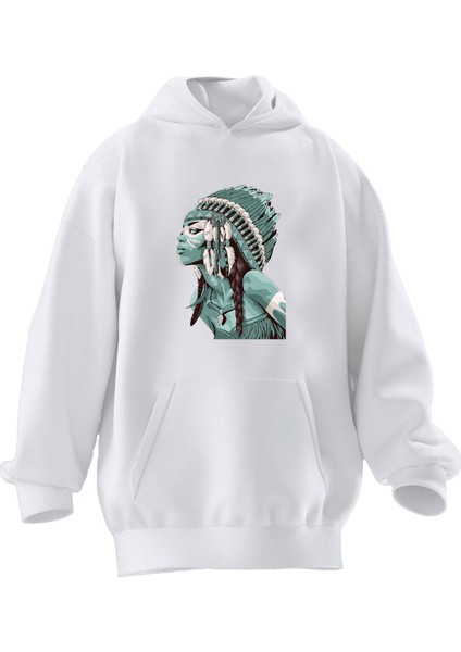 Unisex Premium Pamuk Beyaz Kızılderili Kadın Baskılı 3 Iplik Kapüşonlu Sweatshirt