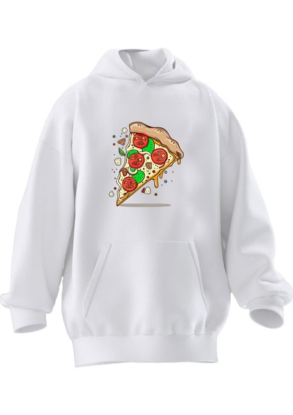 Unisex Premium Pamuk Beyaz Pizza Dilim Desen Baskılı 3 Iplik Kapüşonlu Sweatshirt