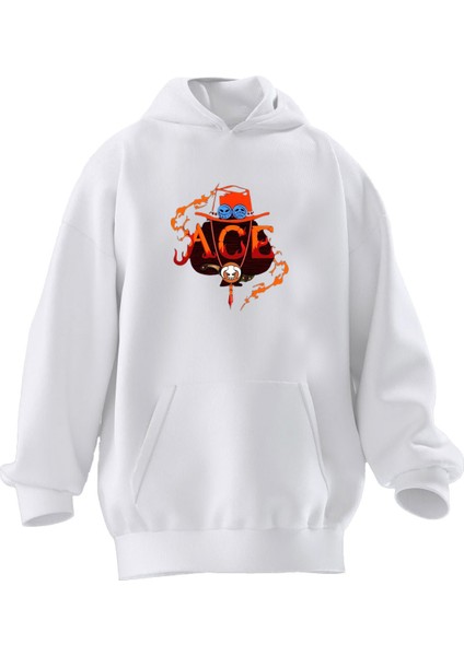 Unisex Premium Pamuk Beyaz Ace Şeytan Baskılı 3 Iplik Kapüşonlu Sweatshirt