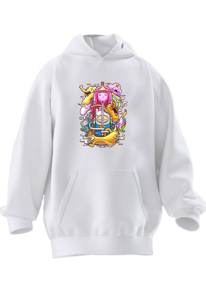 Unisex Premium Pamuk Beyaz Unicornlar Desen Baskılı 3 Iplik Kapüşonlu Sweatshirt