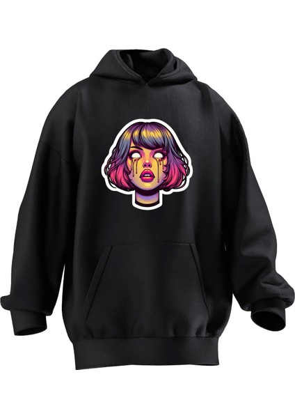 Unisex Premium Pamuk Siyah Psychedelic Crying Baskılı 3 Iplik Kapüşonlu Sweatshirt
