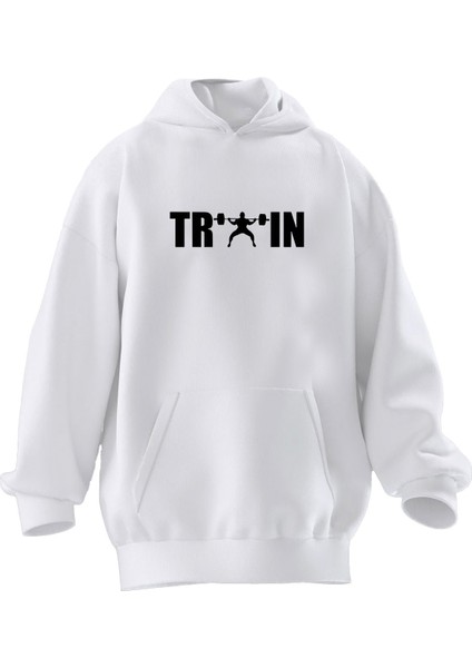 Unisex Premium Pamuk Beyaz Train Halter Baskılı 3 Iplik Kapüşonlu Sweatshirt