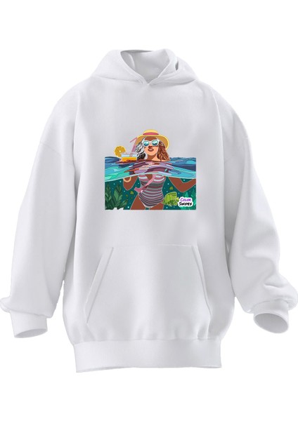 Unisex Premium Pamuk Beyaz Tatilci Genç Kız Baskılı 3 Iplik Kapüşonlu Sweatshirt