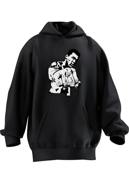 Unisex Premium Pamuk Siyah Muhammed Ali Direk Baskılı 3 Iplik Kapüşonlu Sweatshirt