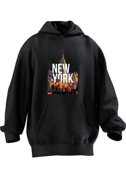 Unisex Premium Pamuk Siyah New York Poster Baskılı 3 Iplik Kapüşonlu Sweatshirt