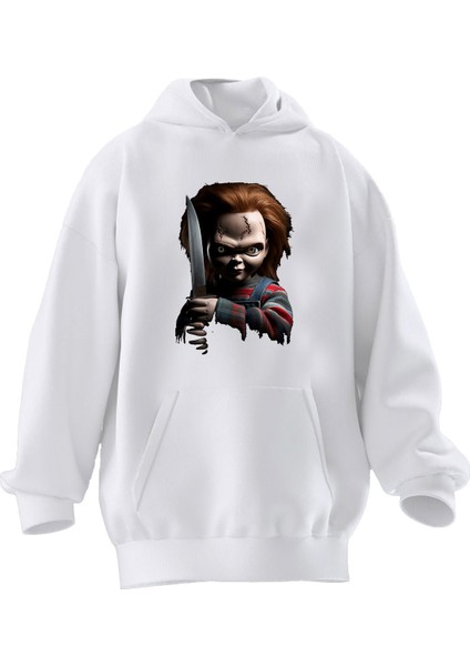 Unisex Premium Pamuk Beyaz Bıçaklı Chucky Baskılı 3 Iplik Kapüşonlu Sweatshirt