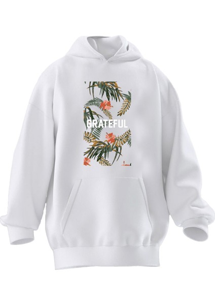 Unisex Premium Pamuk Beyaz Grateful Baskılı 3 Iplik Kapüşonlu Sweatshirt