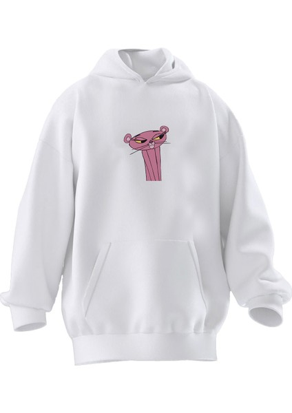 Unisex Premium Pamuk Beyaz Pembe Kız Panter Baskılı 3 Iplik Kapüşonlu Sweatshirt