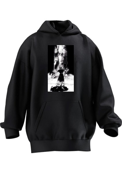 Unisex Premium Pamuk Siyah Gölge Anime Baskılı 3 Iplik Kapüşonlu Sweatshirt