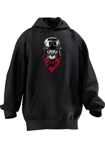 Unisex Premium Pamuk Siyah Motorcu Kedi Baskılı 3 Iplik Kapüşonlu Sweatshirt