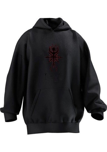 Unisex Premium Pamuk Siyah Yıldız Hilal Desen Baskılı 3 Iplik Kapüşonlu Sweatshirt