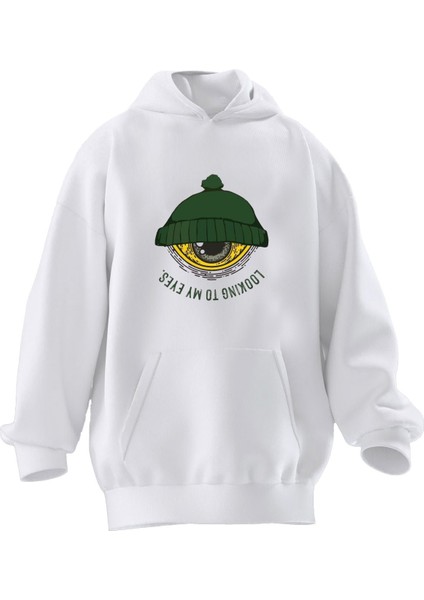 Unisex Premium Pamuk Beyaz Bereli Göz Baskılı 3 Iplik Kapüşonlu Sweatshirt