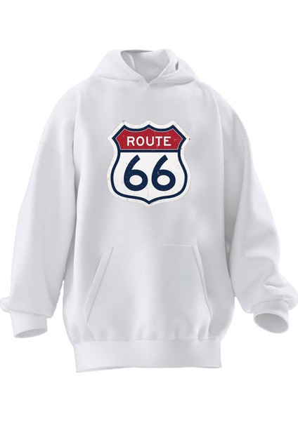 Unisex Premium Pamuk Beyaz ROUTE66 Baskılı 3 Iplik Kapüşonlu Sweatshirt