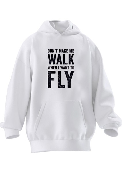 Unisex Premium Pamuk Beyaz Walk Fly Baskılı 3 Iplik Kapüşonlu Sweatshirt