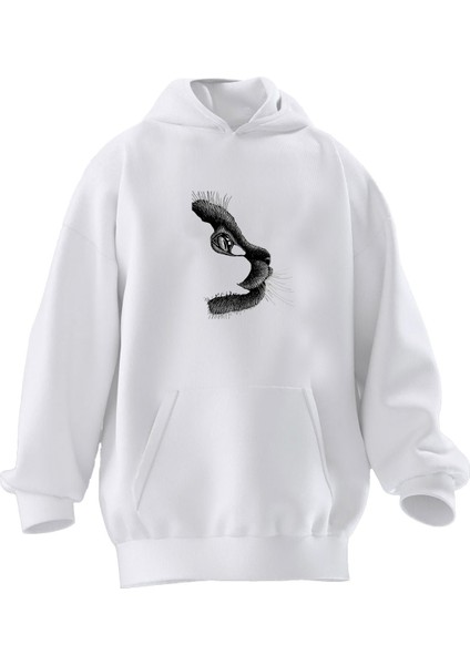 Unisex Premium Pamuk Beyaz Yavru Kedi Gri Baskılı 3 Iplik Kapüşonlu Sweatshirt