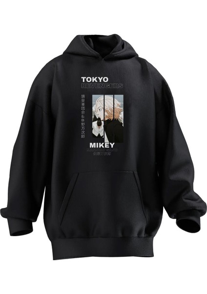 Unisex Premium Pamuk Siyah Mikey Tokyo Baskılı 3 Iplik Kapüşonlu Sweatshirt