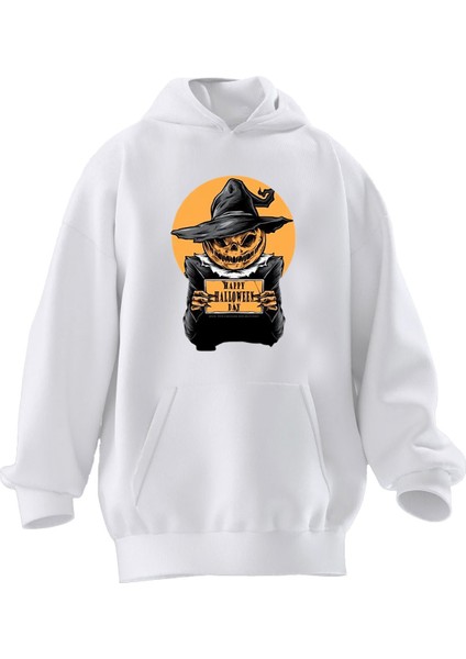 Unisex Premium Pamuk Beyaz Hally Hallowen Kurukafa Baskılı 3 Iplik Kapüşonlu Sweatshirt