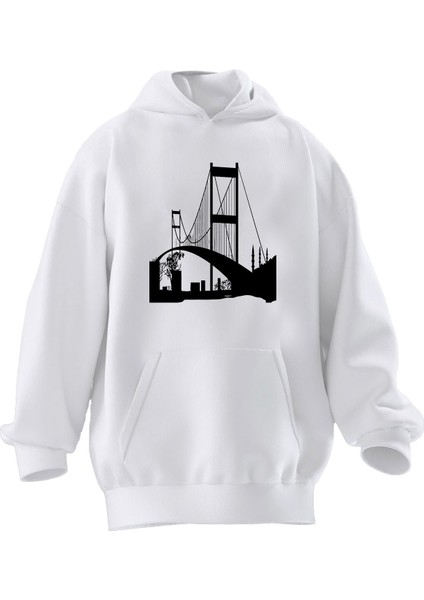 Unisex Premium Pamuk Beyaz Istanbul Boğaz Köprüsü Baskılı 3 Iplik Kapüşonlu Sweatshirt