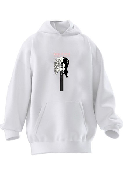 Unisex Premium Pamuk Beyaz Iskelet Elektro Gitar Baskılı 3 Iplik Kapüşonlu Sweatshirt