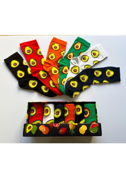 Socks And More Avokado Desenli 6'lı Çorap Kutusu Unisex Renkli