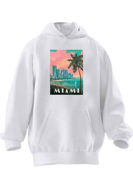 Unisex Premium Pamuk Beyaz Miami Sahil Çizim Baskılı 3 Iplik Kapüşonlu Sweatshirt