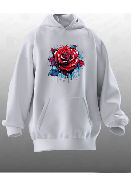 Unisex Premium Pamuk Beyaz Boyalı Kırmızı Tek Gül Baskılı 3 Iplik Kapüşonlu Sweatshirt