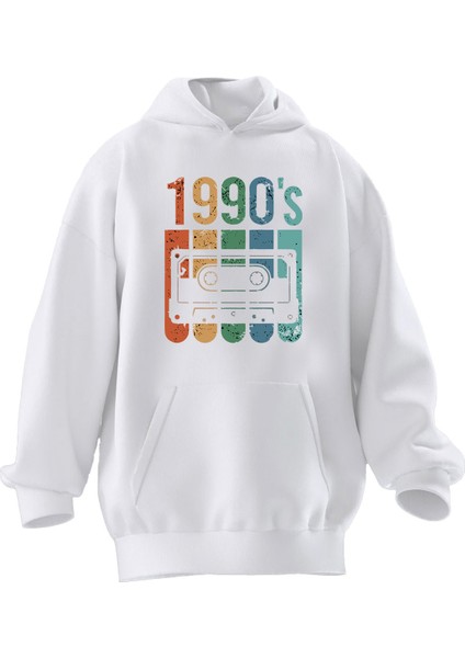 Unisex Premium Pamuk Beyaz 1990 Kaset Baskılı 3 Iplik Kapüşonlu Sweatshirt