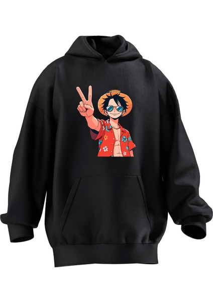 Unisex Premium Pamuk Siyah Tatilci Anime Genç Baskılı 3 Iplik Kapüşonlu Sweatshirt