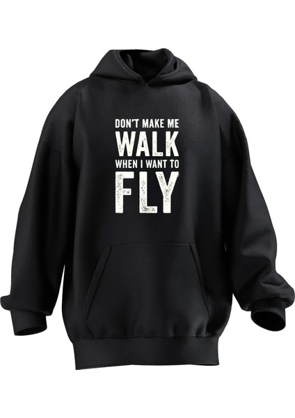 Unisex Premium Pamuk Siyah Walk Fly Baskılı 3 Iplik Kapüşonlu Sweatshirt