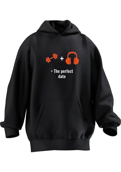 Unisex Premium Pamuk Siyah Dumbell Kulaklık Baskılı 3 Iplik Kapüşonlu Sweatshirt