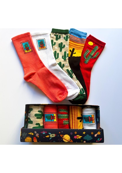 Socks And More Kaktüs Desenli 5'li Çorap Kutusu Unisex Renkli