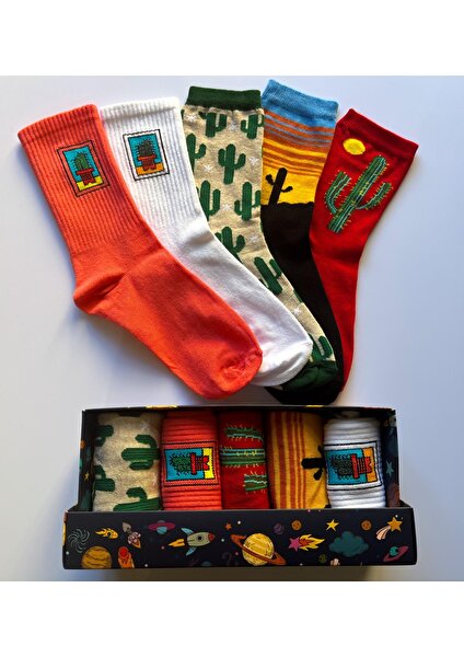 Socks And More Kaktüs Desenli 5'li Çorap Kutusu Unisex Renkli