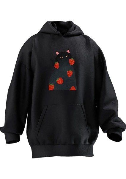 Unisex Premium Pamuk Siyah Kedi Çilekli Baskılı 3 Iplik Kapüşonlu Sweatshirt